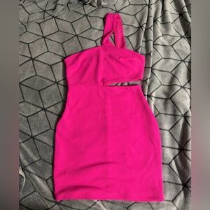 LULU'S HOT PINK TEXTURED KNIT ONE SHOULDER WITH SIDE CUT OUT MINI DRESS MEDIUM